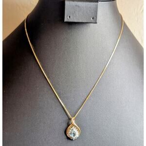 Sterling Gold Vermeil Blue Topaz Diamond Accent Pendant Box Chain 18" Necklace
